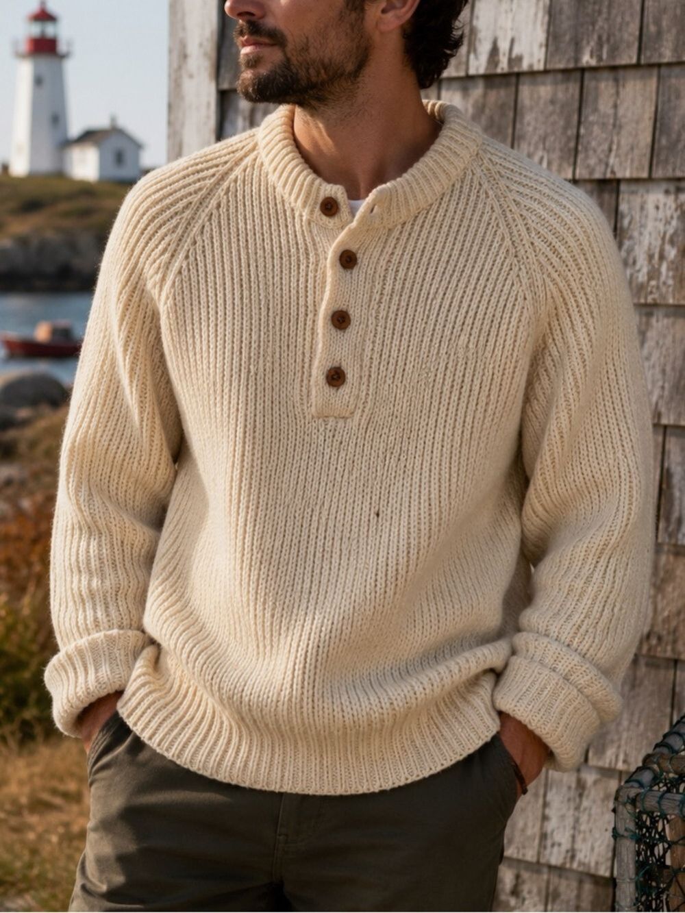 Vtg Chunky Hand Knit Wool Fisherman Sweater Mens M Cream Rustic Coastal Heritage